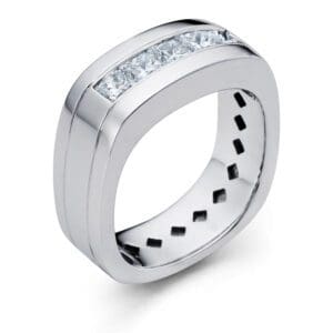 Silver ring with embedded square diamonds.