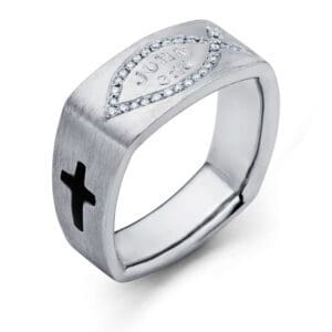 Silver ring with cross and diamond accent.